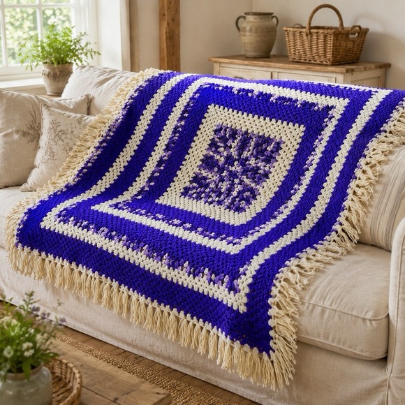 Handmade Other - Handmade Crochet Blanket White and Purple Wool Blend Boho Cottage Square 60"